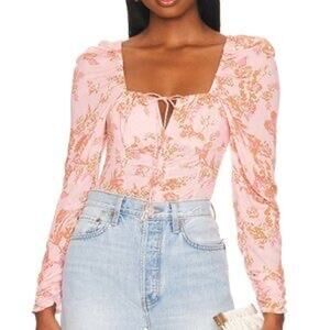 NWOT FREE PEOPLE Top L Floral Pink Tie-Bow-Front&Open-Back Ruch Smoked Puff-Long